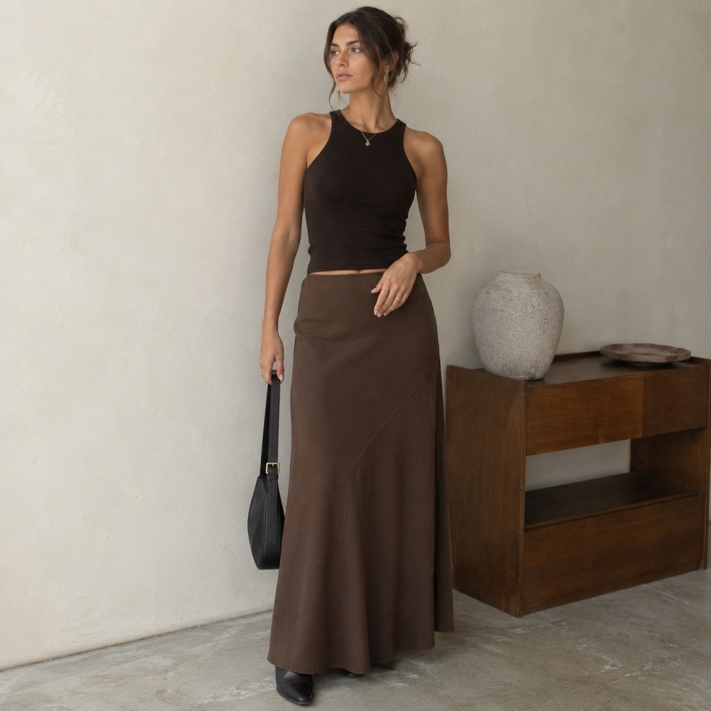 La Vita Brown Maxi Skirt Size 16 Asymmetrical Seamed Y2K Long A-Line